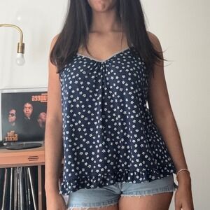 Rene Rofe Sleepwear Navy Blue Floral Ruffle Camisole Top XL 5077